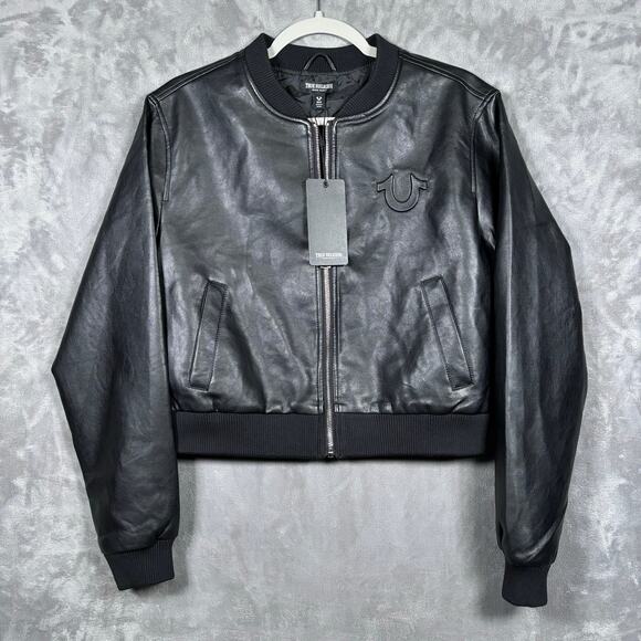 True Religion Crop PU Bomber Jacket Jet Black Size M - Picture 1 of 6